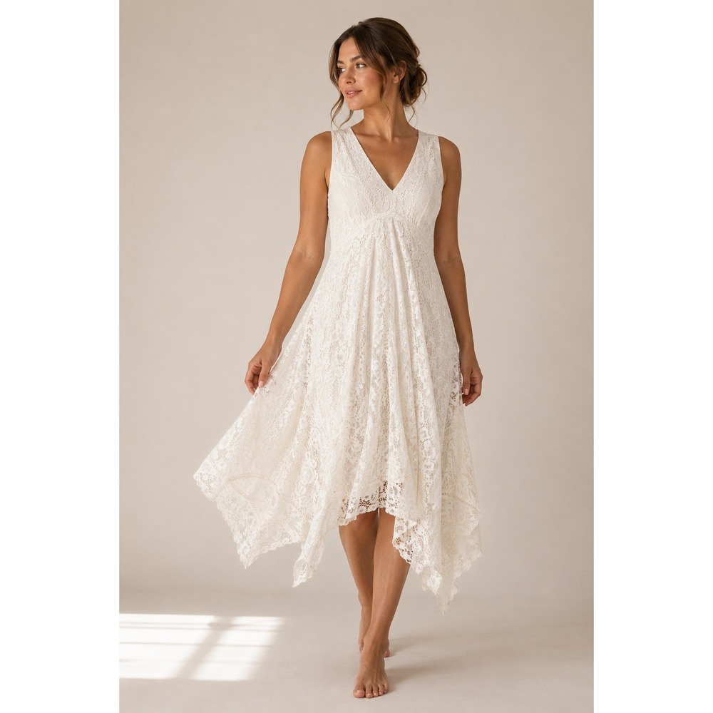 Ivory Floral Lace Dress Size 12 Boho Bride Whimsy Fairy Handkerchief Hem Midi